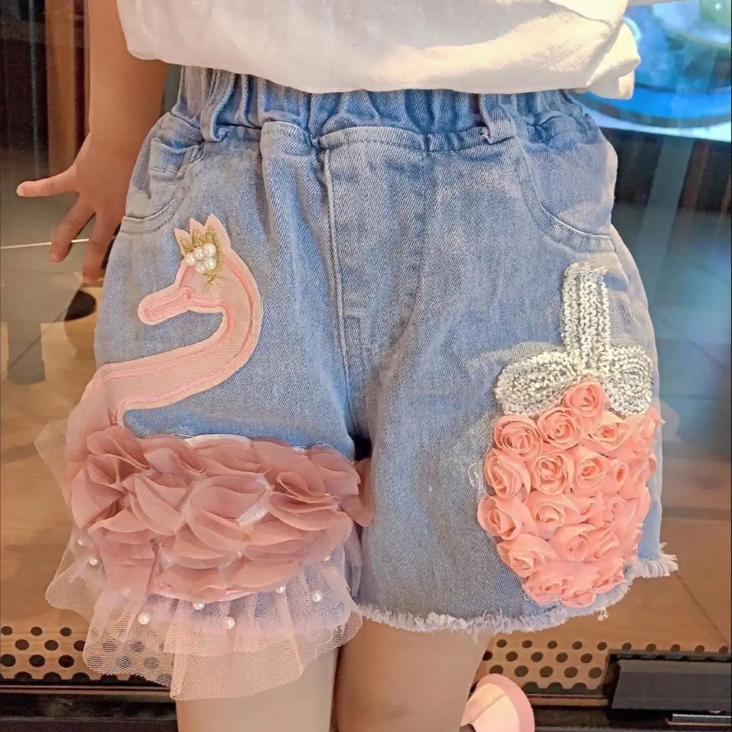 Kids Shorts Kids Trousers Baby Girl's Summer Cotton Denim Shorts Pants Toddler Kids Cute Swan Flower Soft Jeans for Teenager Girls Children Clothing
