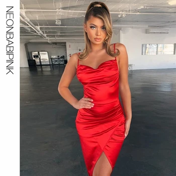 

NEONBABIPINK Red Satin Summer Dress 2020 Open Back Lace Up Slit Bodycon Midi Dresses Elegant Sexy Party Club Vestidos N16-AB15