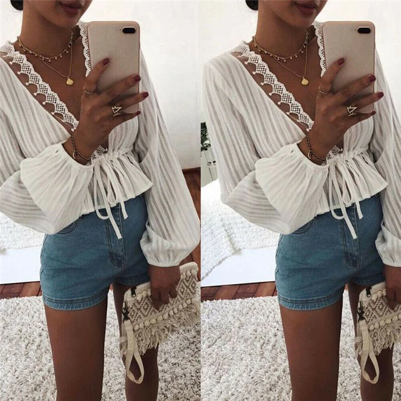 

Sexy Women Lace Chiffon Shirts Long Sleeve Loose Summer Deep V Neck Lace Up Waist Lady Office T-Shirts Tops