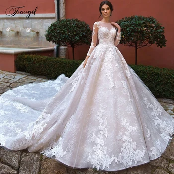 

Traugel Scoop A Line Lace Wedding Dresses Elegant Applique Long Sleeve Button Bride Dress Cathedral Train Bridal Gown Plus Size