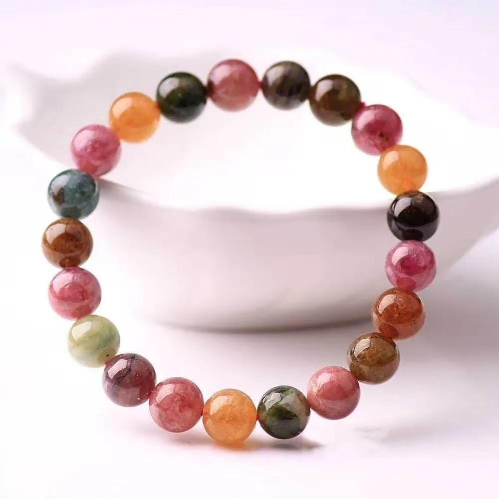 

New Natural Tourmaline Round Beads Bracelet Size 4MM 6MM 8MM Tiny Big Colorful Elastic Gem For Jewelry Making