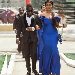 2022 New Vintage African Royal Blue Satin Bridesmaid Dresses Off Shoulder Mermaid Ruffles Long For Wedding Guest  Vestidos