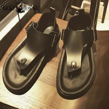 

Thick Summer Mens Fashion Platform Flip Flop Sandals Vintage Gladiator Buckle Male Genuine Leather Beach Sandals Shoes