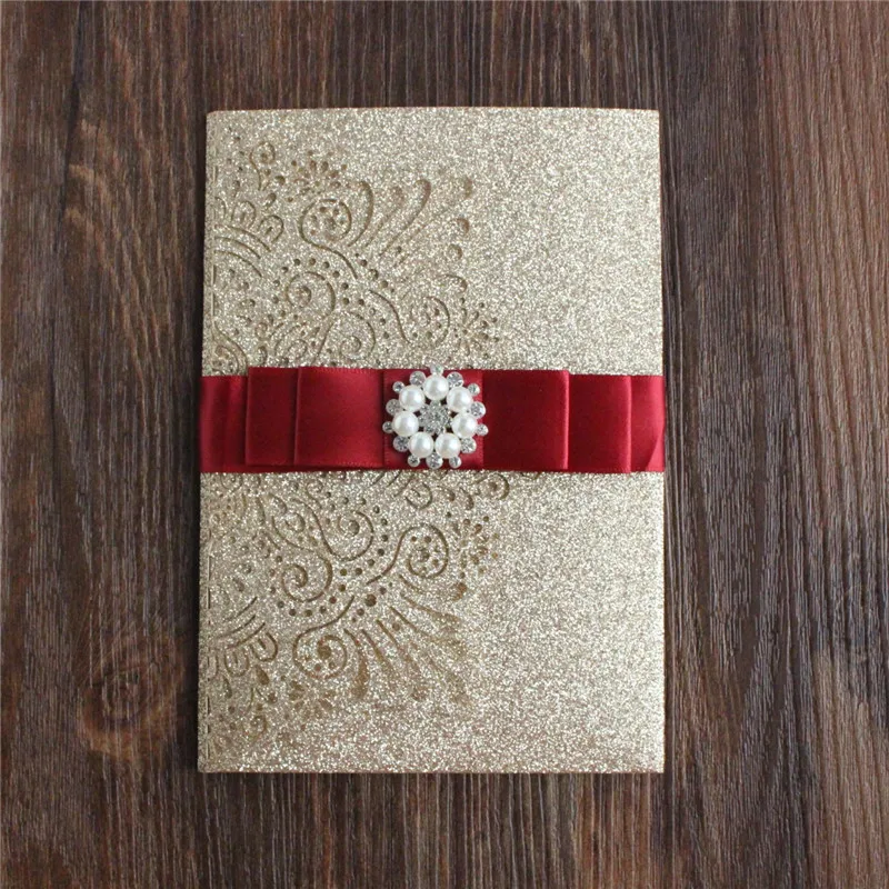 

Gold glitter wedding invitation wine red brooch ribbon customized printing invite RSVP 50 sets