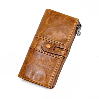 

Oil wax leather ladies wallet leather first layer cowhide multifunctional long mobile phone coin purse double zipper clutch