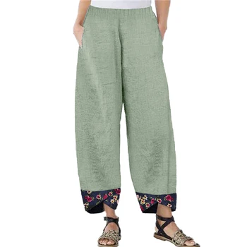 

VICABO Floral Printed Women Pants Elastic High Waist Pockets Full Length Loose Wide Leg Pants Plus Size Vintage Ladies Trousers