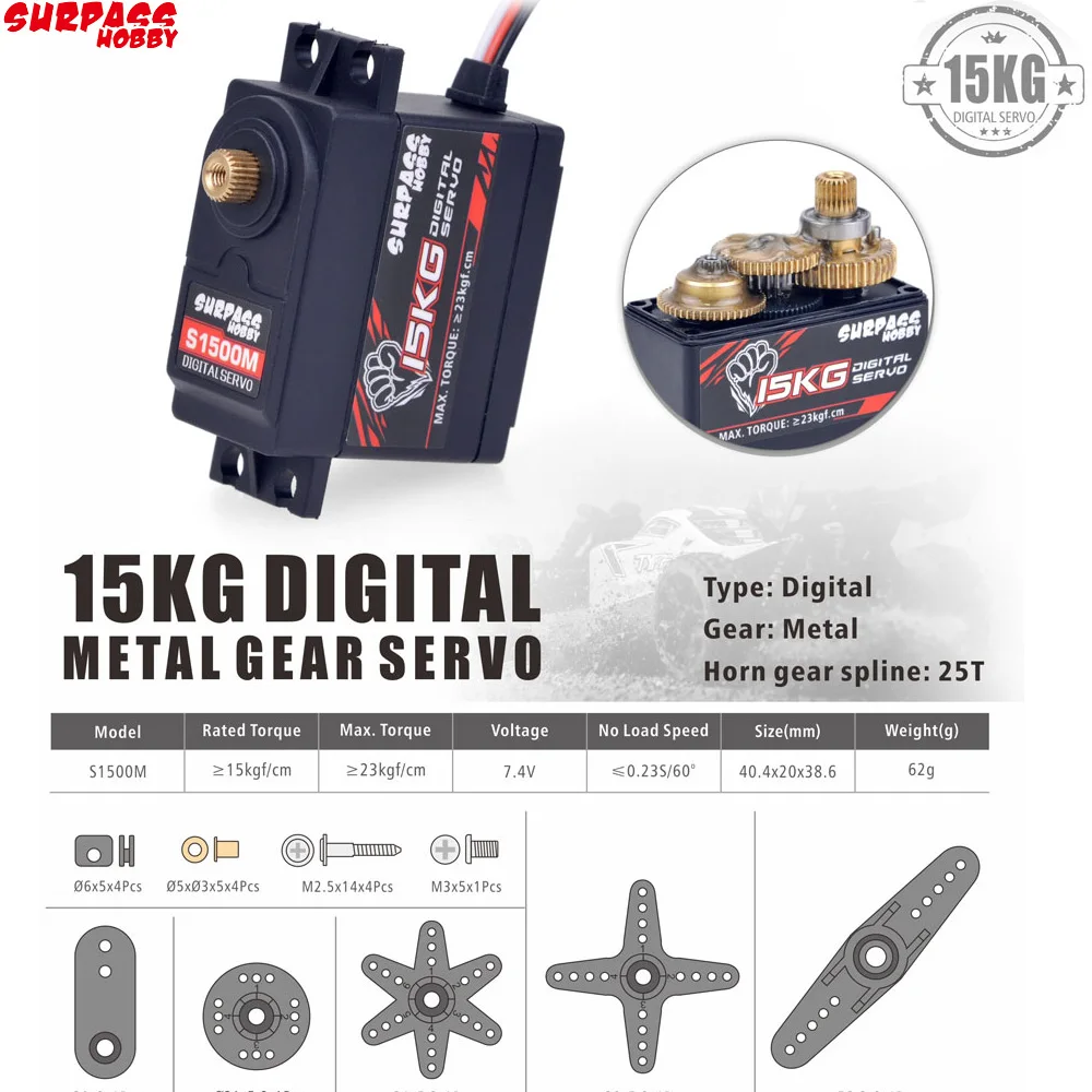 

SURPASS Hobby S1500M 15KG Metal Gear Servo Digital Servo for 1/10 1/8 High-Speed RC Car Aircraft RC Boat Smart Robot