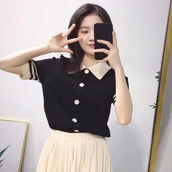 

Women Fashion Streetwear T-Shirts Elegant Knit Sweet T Shirt Button Turn-Down Collar T-shirt