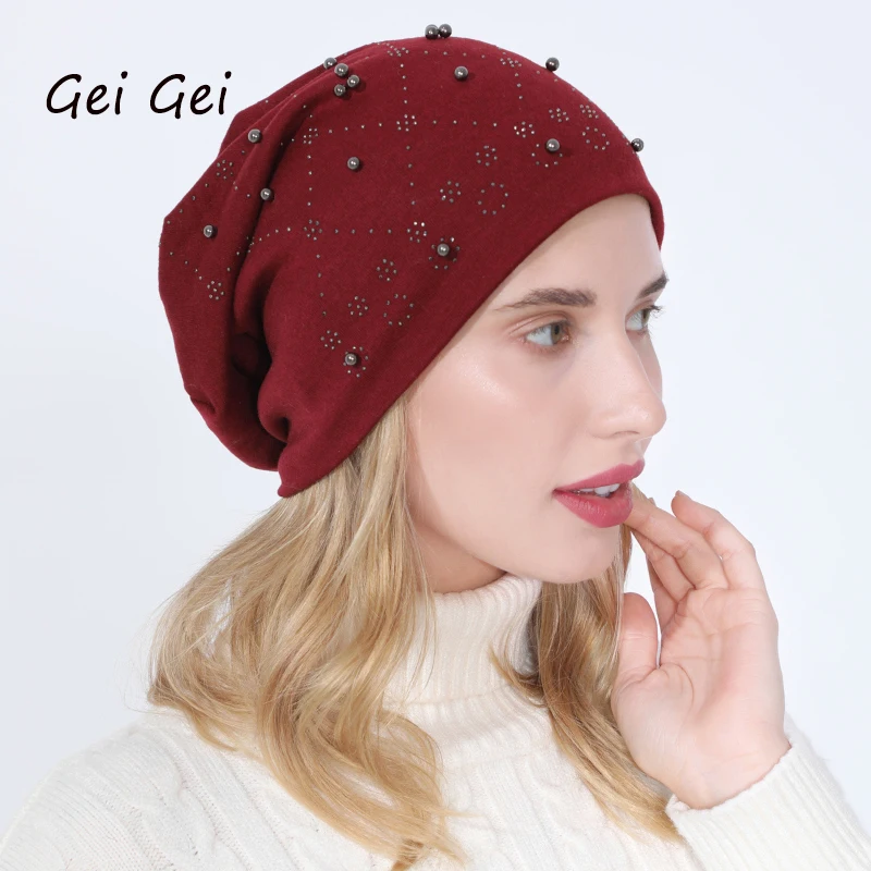 

Women Winter Fashion Flowers Lace Beanie Horse Braid Elegant Thin Section Outdoor Ski Warm Wool Hat Beads Decorative Knitted Cap