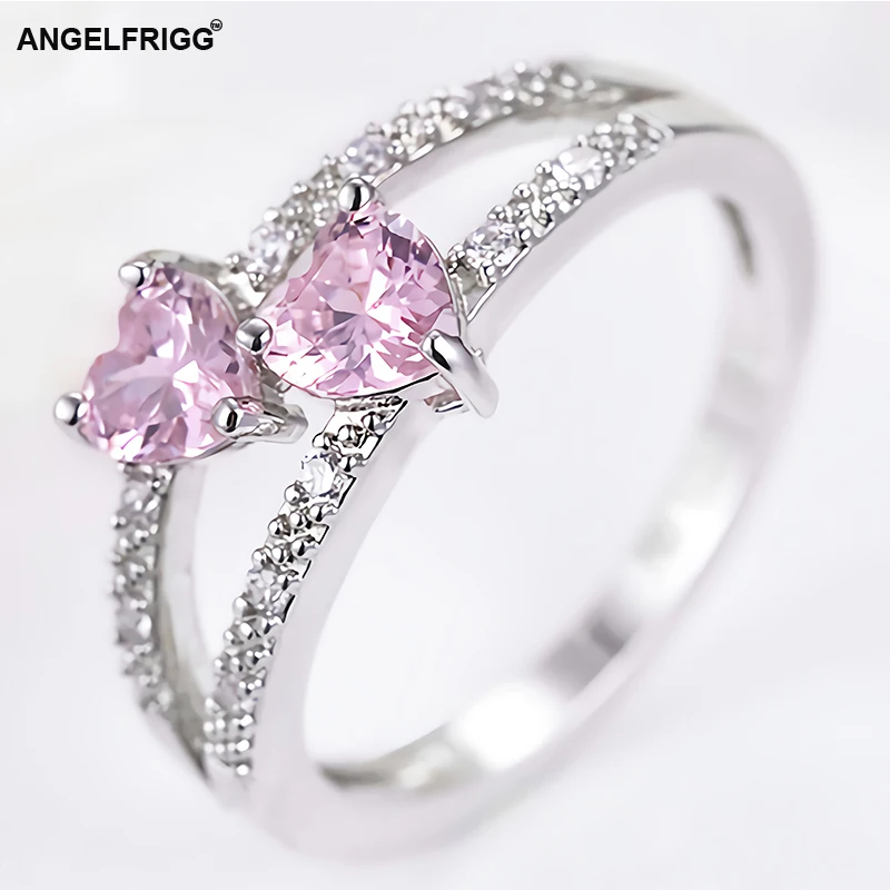 ANGELFRIGG два сердца серебряного цвета кольца с розовым CZ камнем для женщин Love You обручальное Обручальное модное ювелирное изделие подарок