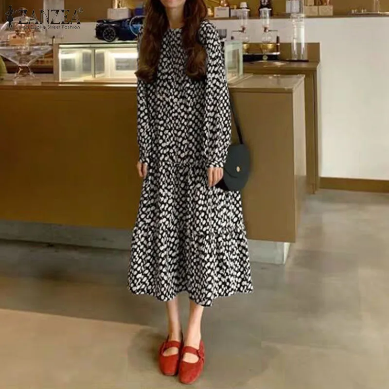 

2020 ZANZEA Women's Casual Printed Maxi Dress Elegant Spring Sundress Long Sleeve Shirt Vestidos Female Button Robe Plus Size 7