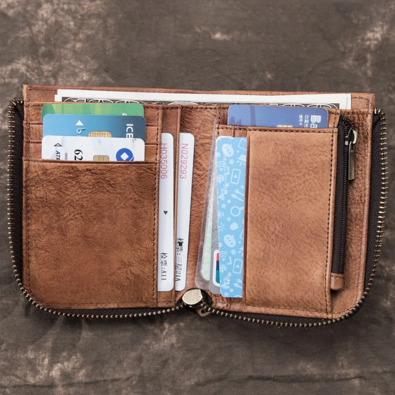 Ретро кошелек на молнии для мужчин, верхний слой из коровьей кожи, складной кошелек, держатель для карт, сумка для монет, большая емкость, Carteira, Новое поступление