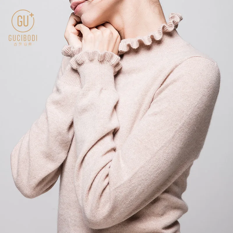 

100% Cashmere Wool Autumn And Winter Base Sweater Women's Solid Color Lace-up Stand Collar Cashmere Sweater Body Hugging Sweater