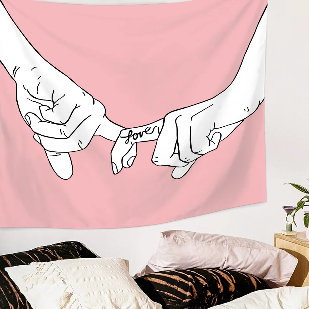 

Hippie Wall Hanging Tapestry Couple Love Holding Hand Hook Finger Pink Wall Tapestry Line Draw Women Boho Decor Home Wall Carpet