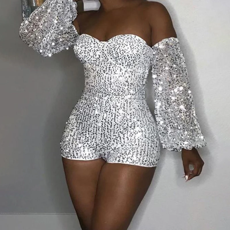 

Sexy Mini Jumpsuit Sequined Full Sleeve Strapless Off Shoulder Women Short Jumpsuits Clubwear