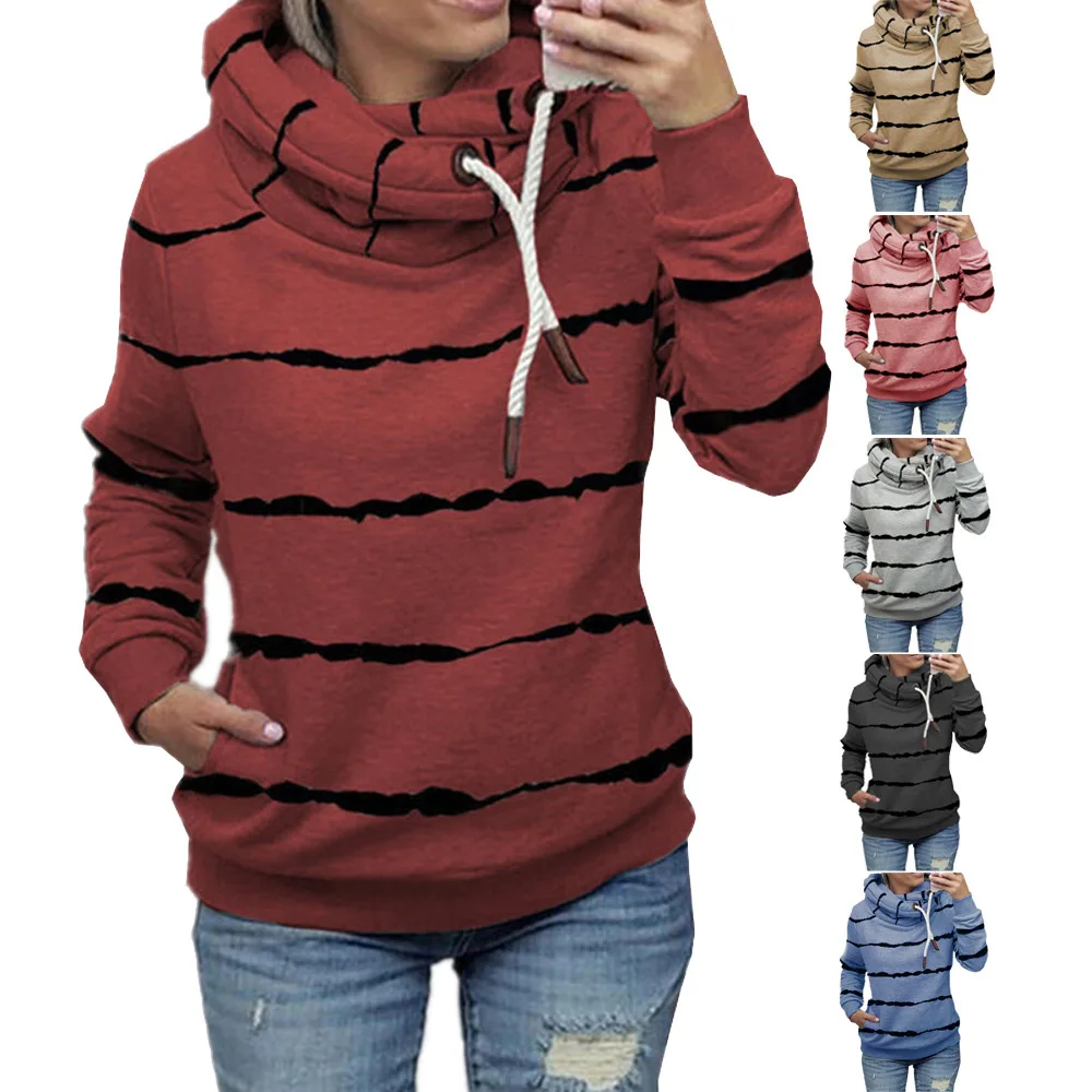 

2021 Foreign Trade Autumn And Winter New Fashion Casual Women's Printed Hooded Fleece Striped Sweater For Women In Europe