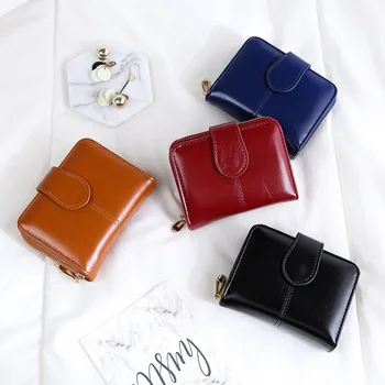 

Wallet Woman's Short European and American Oil Wax Leather Buckle Classic Small Wallet