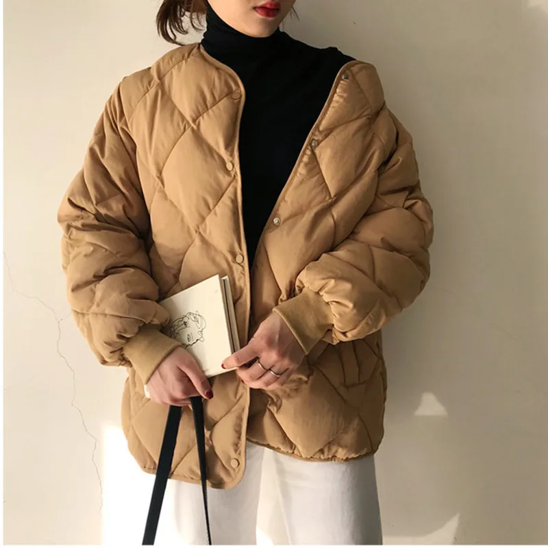 Winter Women Padded Jacket Diamond Lattice Thickening Solid Color Stand Collar Quilted Coat Short Loose Coat