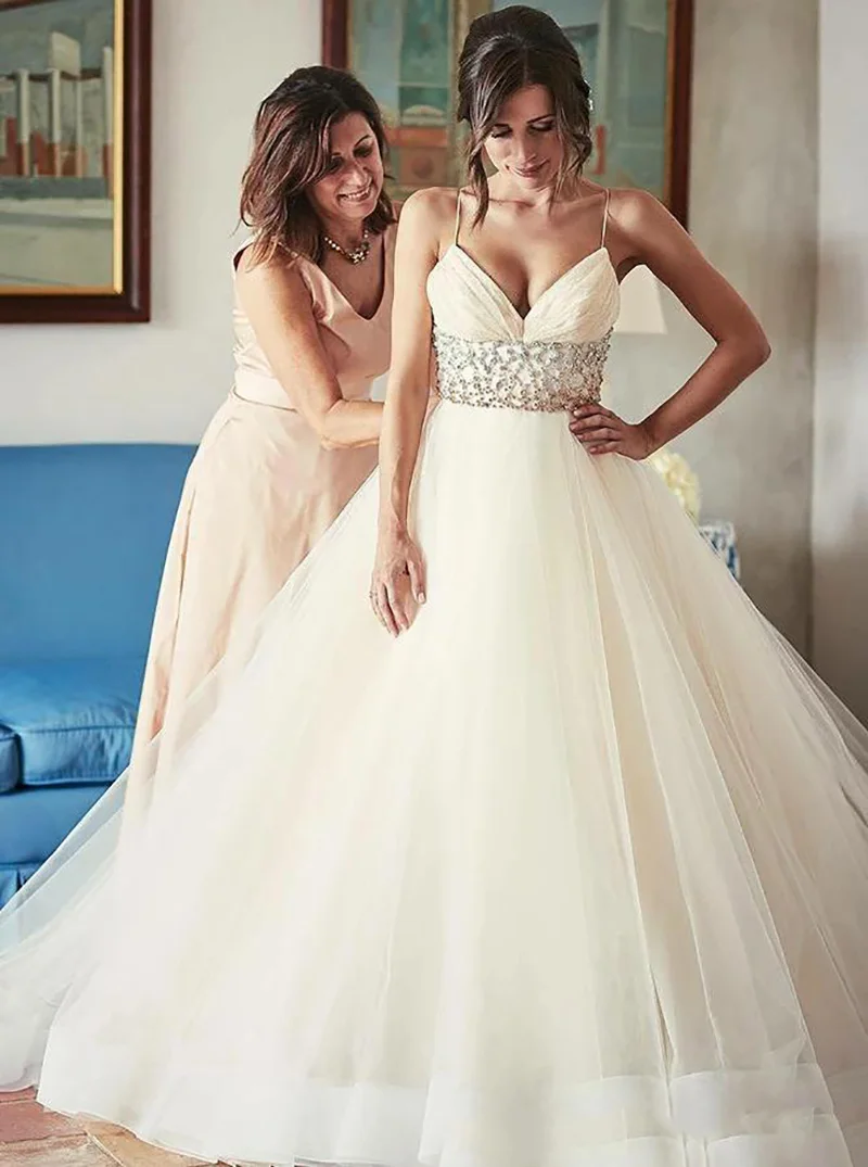 Лори Принцесса Свадебные платья Линия пляж невесты платье с свадебное платье со стразами Спагетти ремни vestidos de novia