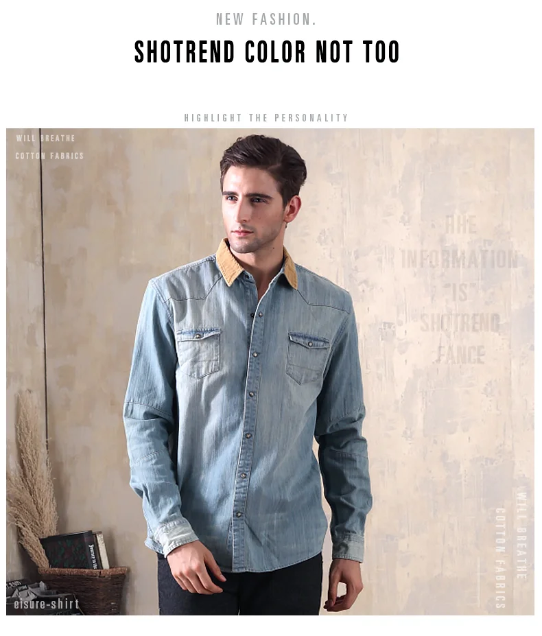 S-2XL Vintage Denim Shirts Men Casual Corduroy Collar Shirts Male Fashion Single Breasted Long Sleeve Loose Jeans Top DS50923
