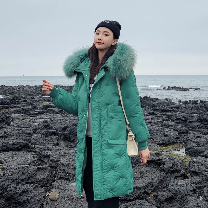 

2019 New Style down Jacket Cotton-padded Clothes Women's Long over-the-Knee Hooded Large Fur Collar Cold Protective Clothing Emb