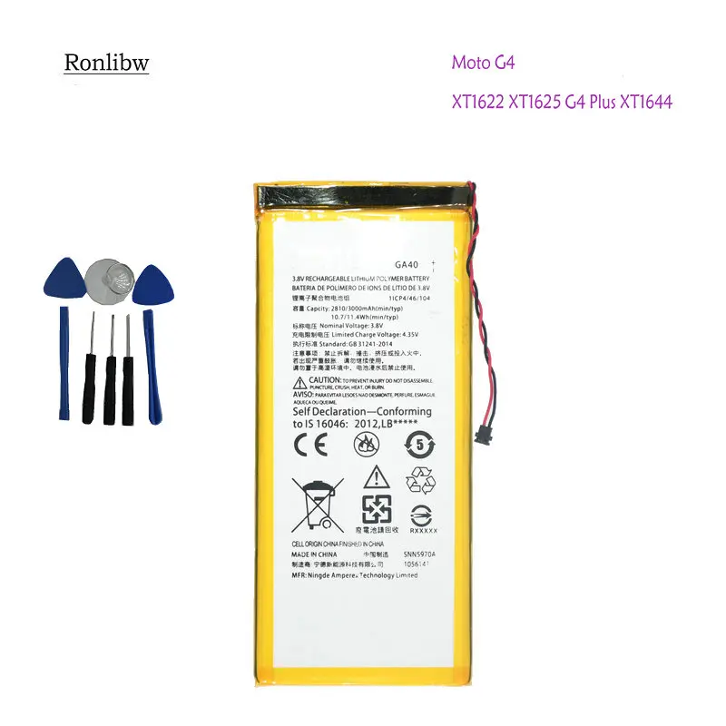 

Ronlibw 3000mAh Battery GA40 SNN5970A Replacement For Motorola Moto G4 XT1622 XT1625 G4 Plus XT1644 with free tools