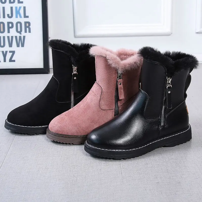 NEW Women Boots Black Pink Leather Boots Plush Snow Boots Fashion Women's Ankle Shoes Size 35 40 Ladies Boots Female Women Shoes NEW Women Boots Black Pink Leather Boots Plush Snow Boots Fashion Women's Ankle Shoes Size 35 40 Ladies Boots Female Women Shoes