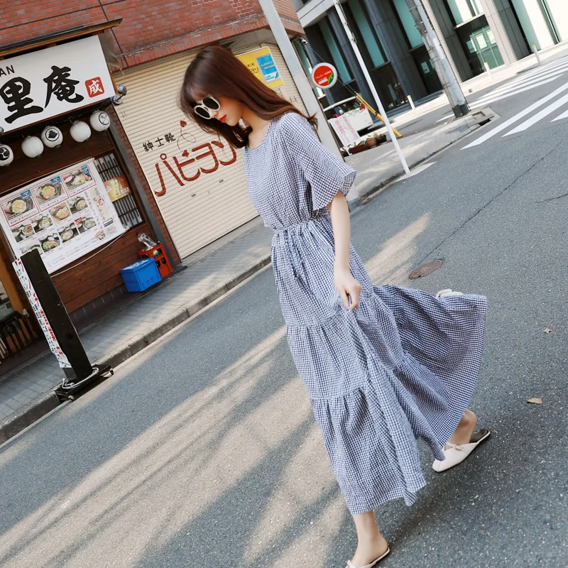 

Photo Shoot 2019 Summer Wear South Korea Fresh Small Plaid Loose-Fit Foamed Cotton Dress Women's Pleated Skirt Swinging Skirt