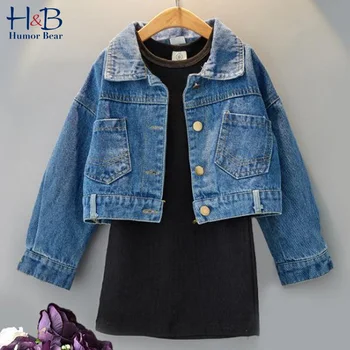 

Humor Bear Girls Clothing Sets Fashion New Autumn Children Baby Long Sleeve Denim Jacket +Dress 2PCS 2020 New Kids Clothes Suit