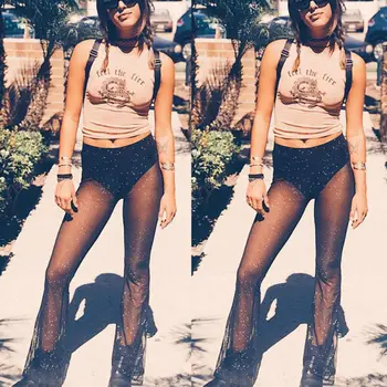 

Meihuida Fashion High Quality Women Beach Mesh Sheer Wide Leg Pants Ladies Bikini Cover Up Flared Trousers