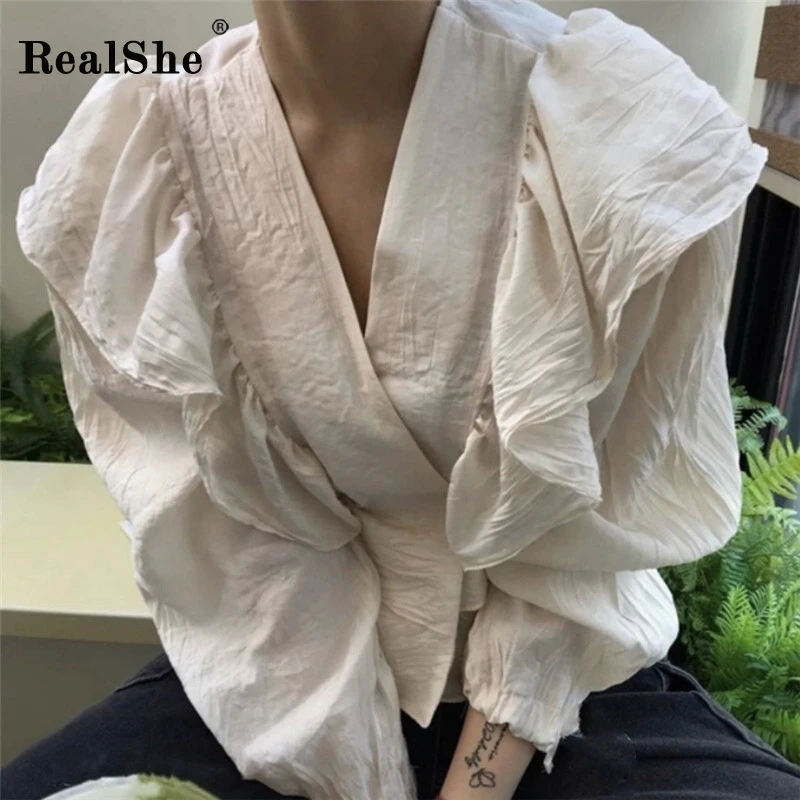 RealShe, женская блузка с v-образным вырезом, рукав-фонарик, оборки, одноцветные Женские топы и блузки, Весенняя Повседневная Офисная Женская рубашка