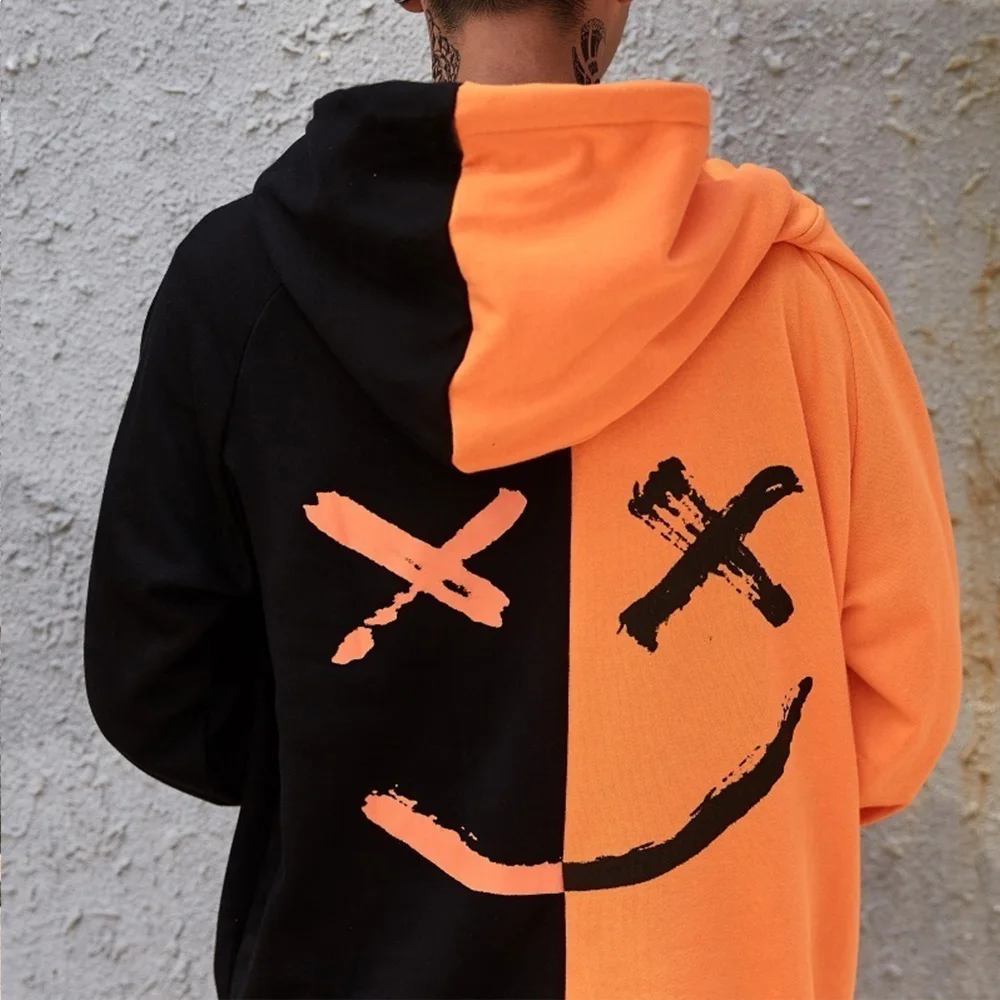  Patchwork Hoodies Harajuku Hooded Hip Hop Letter Print Pocket Pullover Women Men Casual Smile Patte