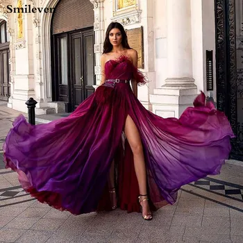 

Smileven Gradient color Formal Evening Dress Side Split Sweetheart vestido de festa With Feather Formal party dress