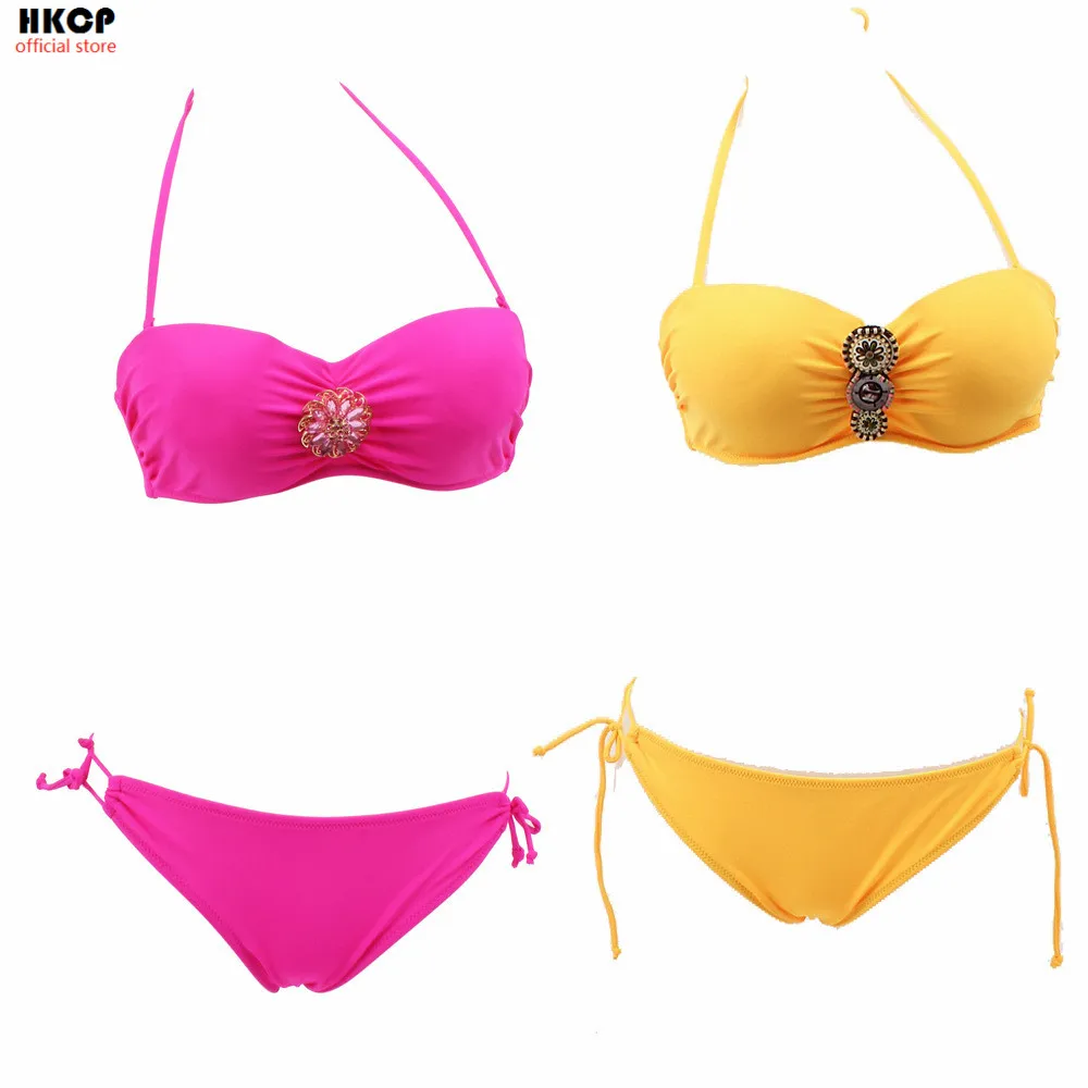 

HKCP Sexy Button Flower Bikini Two pieces Swimsuit Women yellow Swimwear Female Bikinis Micro Bikini Set Push Up Bathing Suits