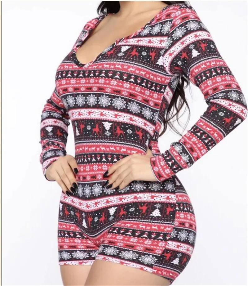 

Playsuit Women Christmas Printed Clothing Set Sexy V-neck Slim Playsuit One-piece Bodycon Button Short Jumpsuit Suit For Women