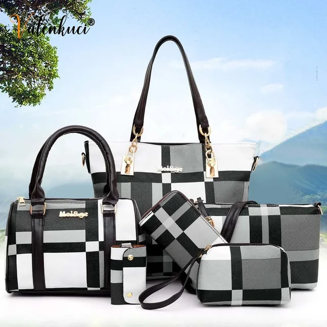 New Fashion Luxury Handbags New 6 PCS Set Women Plaid Colors Handbag Female Shoulder Bag Travel