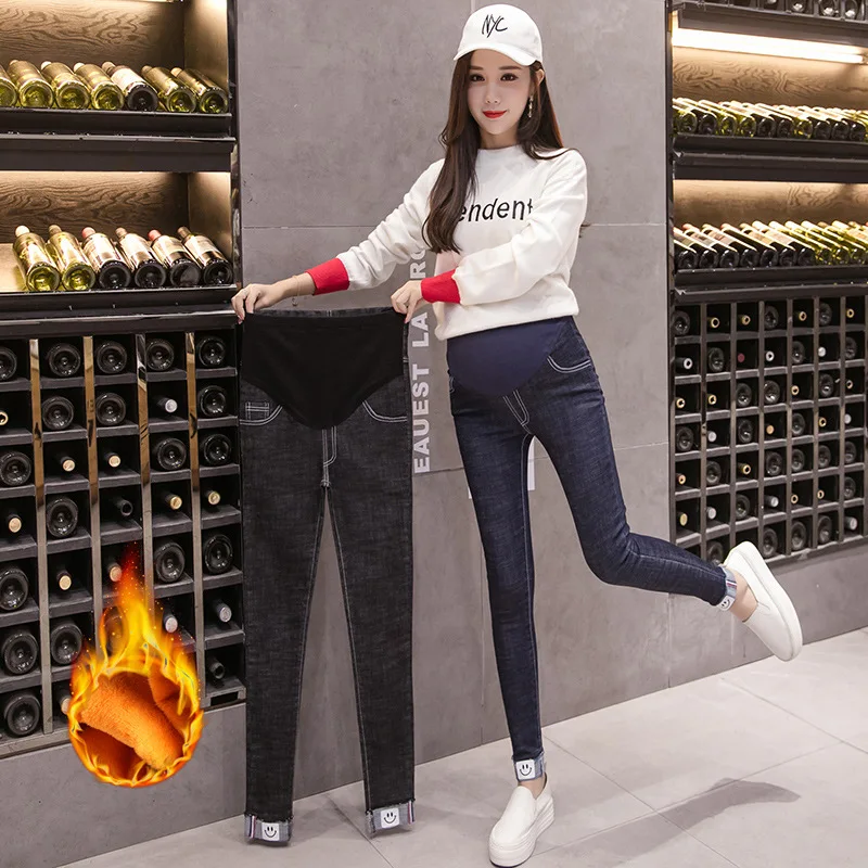 Teenster Pregnant Pants Jeans Winter Warm Gold Velvet Support Bell Denim Pants Legs Fleece Thick Trousers Maternity Clothes