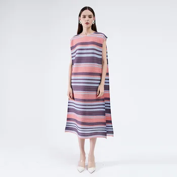 

SuperAen Dress Summer 2020 New Women's Printed Striped Loose Office Lady Dress O Neck Mid-Calf Pleated Dresses Women