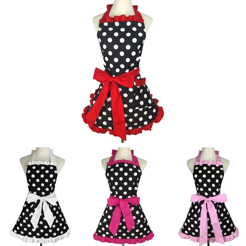 Pure cotton polka dot ruffled apron Korean style princess apron with pockets home cooking kitchen restaurant work clothes ladies