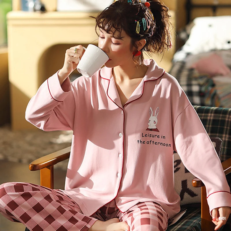 2pcs Women Pajama Set Nightwear Turndown-collar Cute Cartoon Printing Plus Size Autumn Winter Home Long Style Casual Loungewear