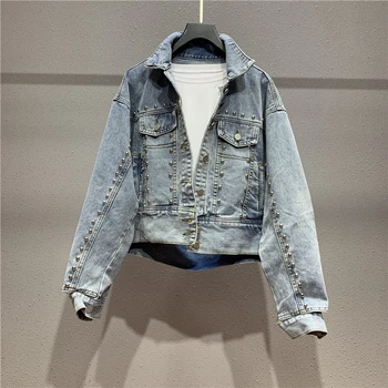 

Women's Denim Jacket Jean Coat for Woman Loose Harajuku Style Rivet Beaded Jeans Jackets Moda Coreana Mujer Cowboy Tops Outwear
