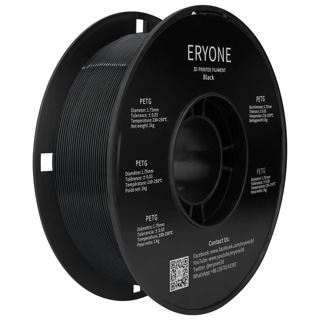 ERYONE PETG Filament 1kg 1.75mm ±0.03mm For 3D Printer,1KG (2.2LBS) 3D Printing Fast Shipping PETG Black