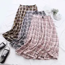 Розовая, серая, кофейная, эластичная, высокая талия, миди, плиссированная, трапециевидная, теплая, в клетку, шерстяная, шерстяная юбка для женщин, зимние юбки