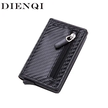 

DIENQI Carbon Fiber Rfid Card Holder Men Slim Wallet Leather Zipper Thin Business Credit Cardholder Minimalist Metal Wallet 2020