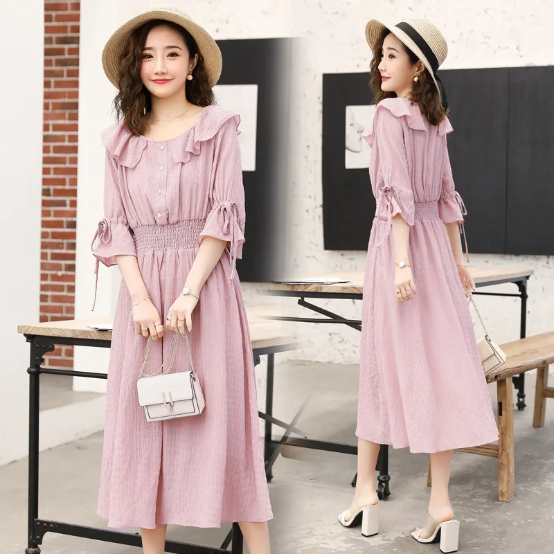 

2019 Summer New Style Peter Pan Collar Korean-style Hipster Pregnant Women Dress Pregnancy Spring Clothing Mid-length Base Skirt