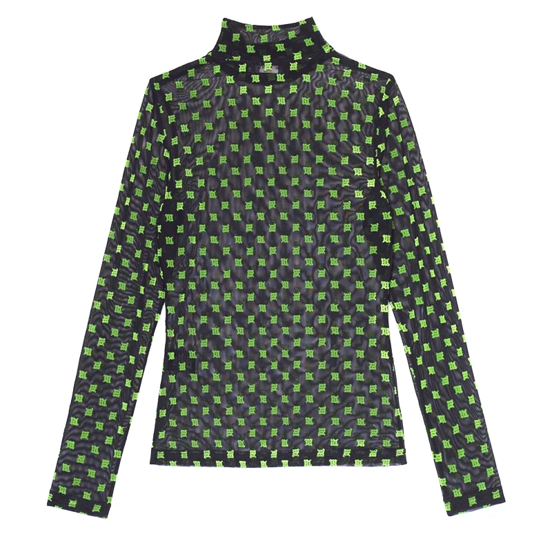 Черная сетчатая футболка с вышитыми зелеными буквами, женская модная прозрачная водолазка в стиле хип-хоп, топы, футболки весна-лето, новые футболки