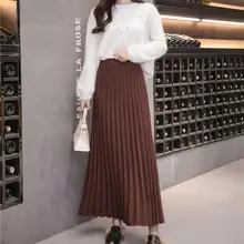 Осень зима теплая длинная юбка Модная высокая талия однотонная трикотажная плиссированная юбка Корейская Женская Толстая юбка макси