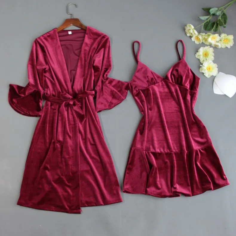 Осень-зима, Женский бархатный халат и платье, наборы, Пижама для сна, для отдыха, Дамская одежда для сна, Халат+ Ночное платье с нагрудными накладками