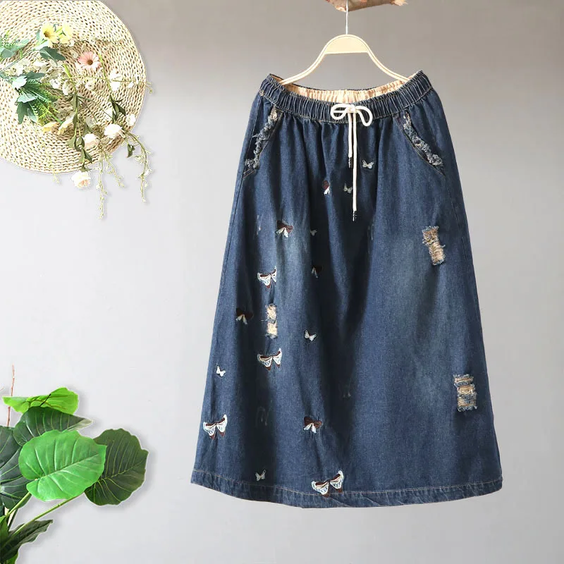 

2019 Summer New Style Artistic Loose And Plus-sized Butterfly Embroidered A- line Skirt Retro with Holes Casual Skirt Women's