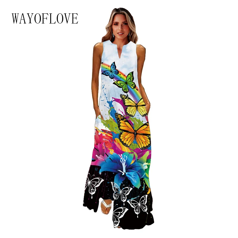 WAYOFLOVE 2022 Spring Summer Dress Elegant Casual Holiday Rainbow Butterfly Print Long Dresses